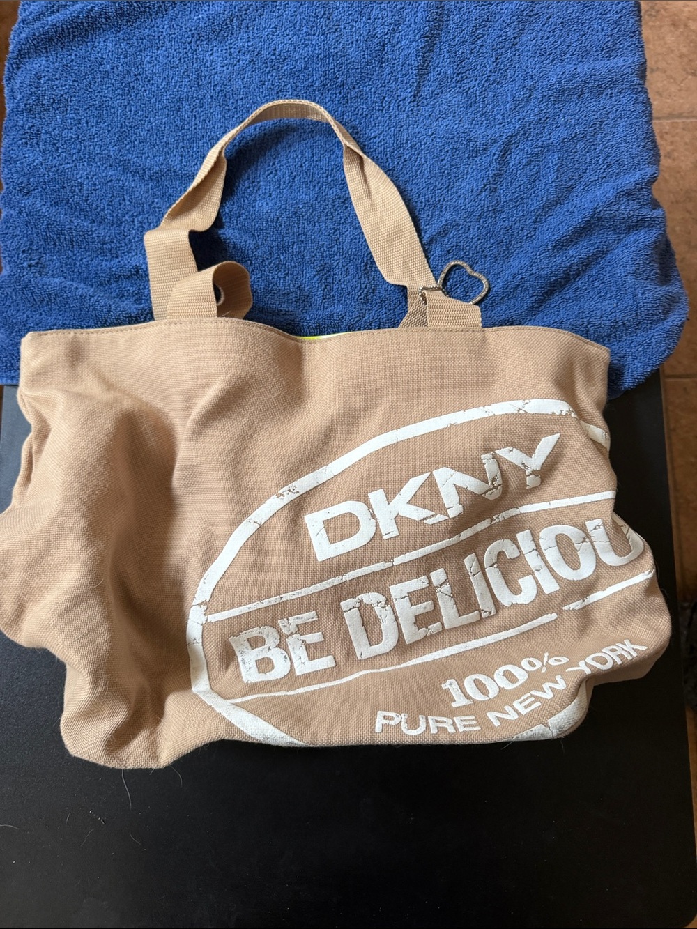 DKNY Beige Canvas Logo Tote with White Print